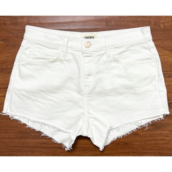 NWT L'AGENCE 90s High Rise Distressed Denim Frayed Raw Hem Cutoff Jean Shorts 25 - Picture 9 of 16